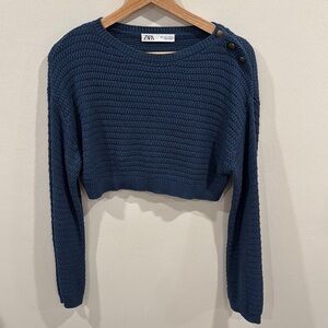Zara Women’s Blue Knit Crop Long Sleeve Sweater Buttons Size S